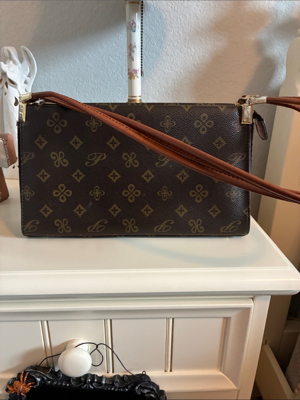 Monogram Pattern Brown Shoulder  Bag with Tan Strap